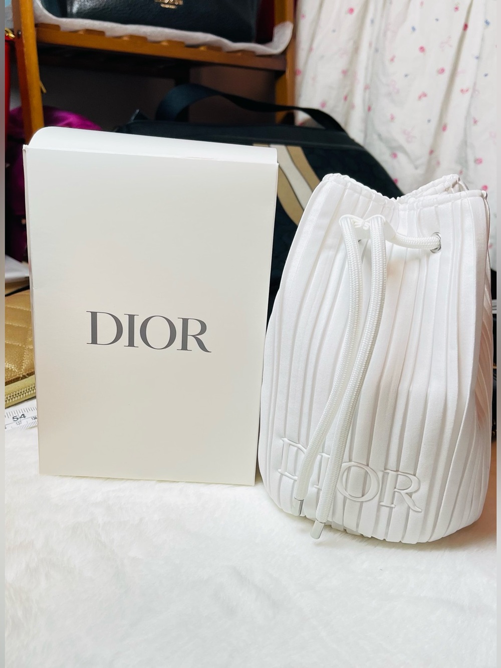 Dior GWP Authentic White Pleated Drawstring Mini Bucket Bag